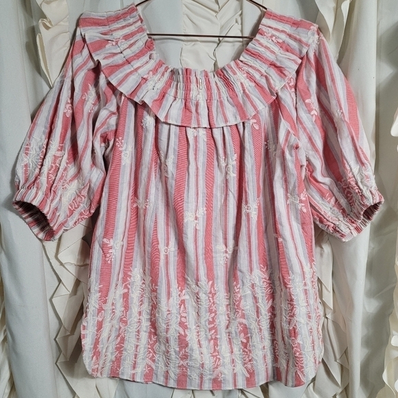 Misa LA Striped Embroidered Peasant Blouse Top Off the Shoulder Large Red Cream - Picture 6 of 9